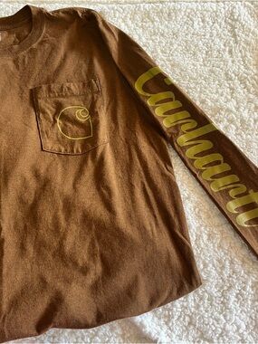 Carhartt Brown Long Sleeve Pocket Tee with Yellow Logo